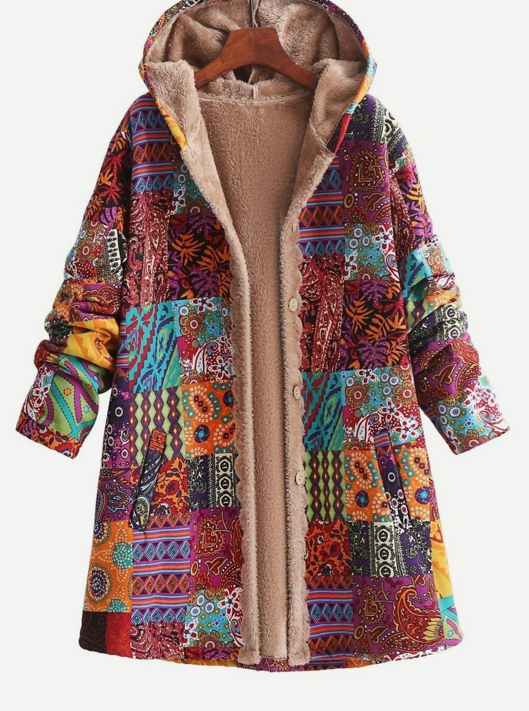 Női bohém patchwork mintás, polárbéléses kapucnis dzseki