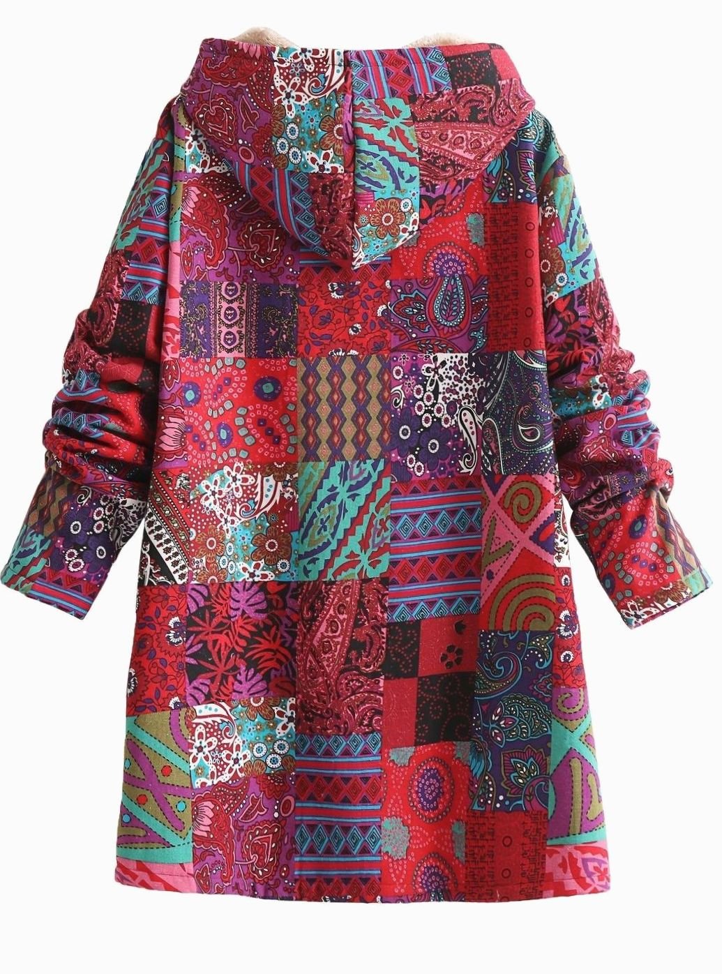 Női bohém patchwork mintás, polárbéléses kapucnis dzseki