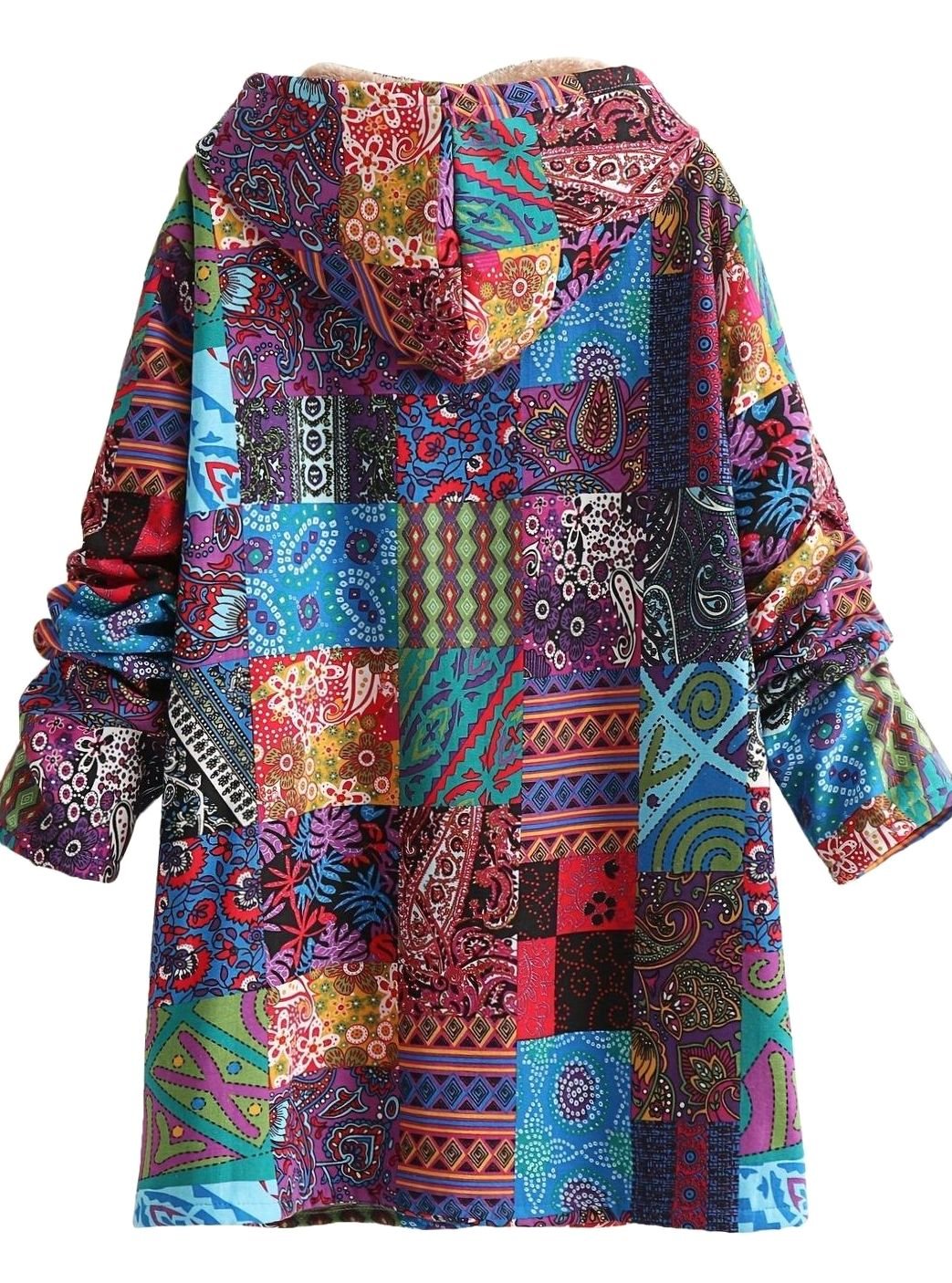 Női bohém patchwork mintás, polárbéléses kapucnis dzseki