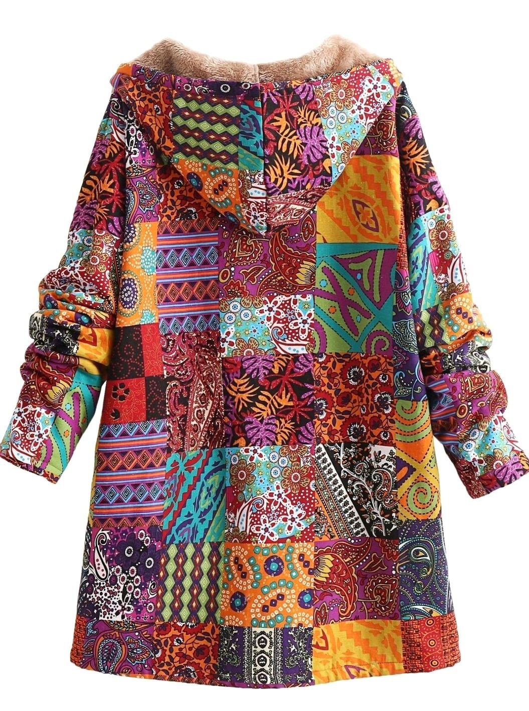 Női bohém patchwork mintás, polárbéléses kapucnis dzseki
