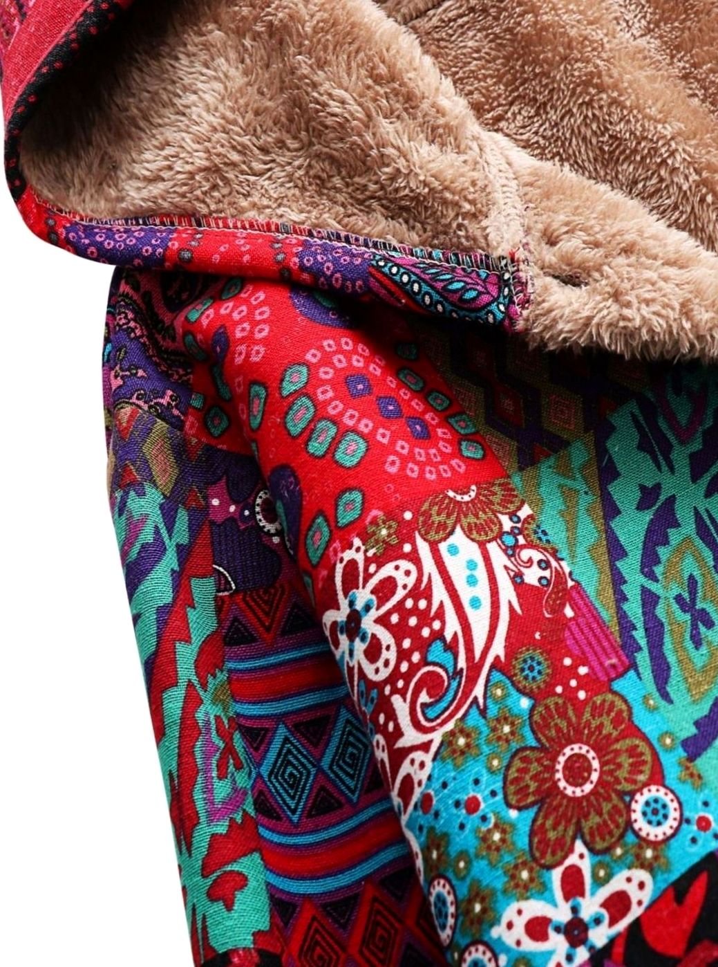 Női bohém patchwork mintás, polárbéléses kapucnis dzseki