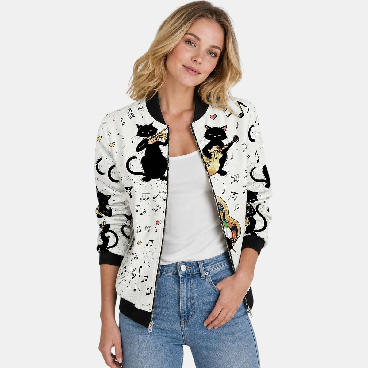 Women's Bomber Jacket with Floral Print and Zip Front