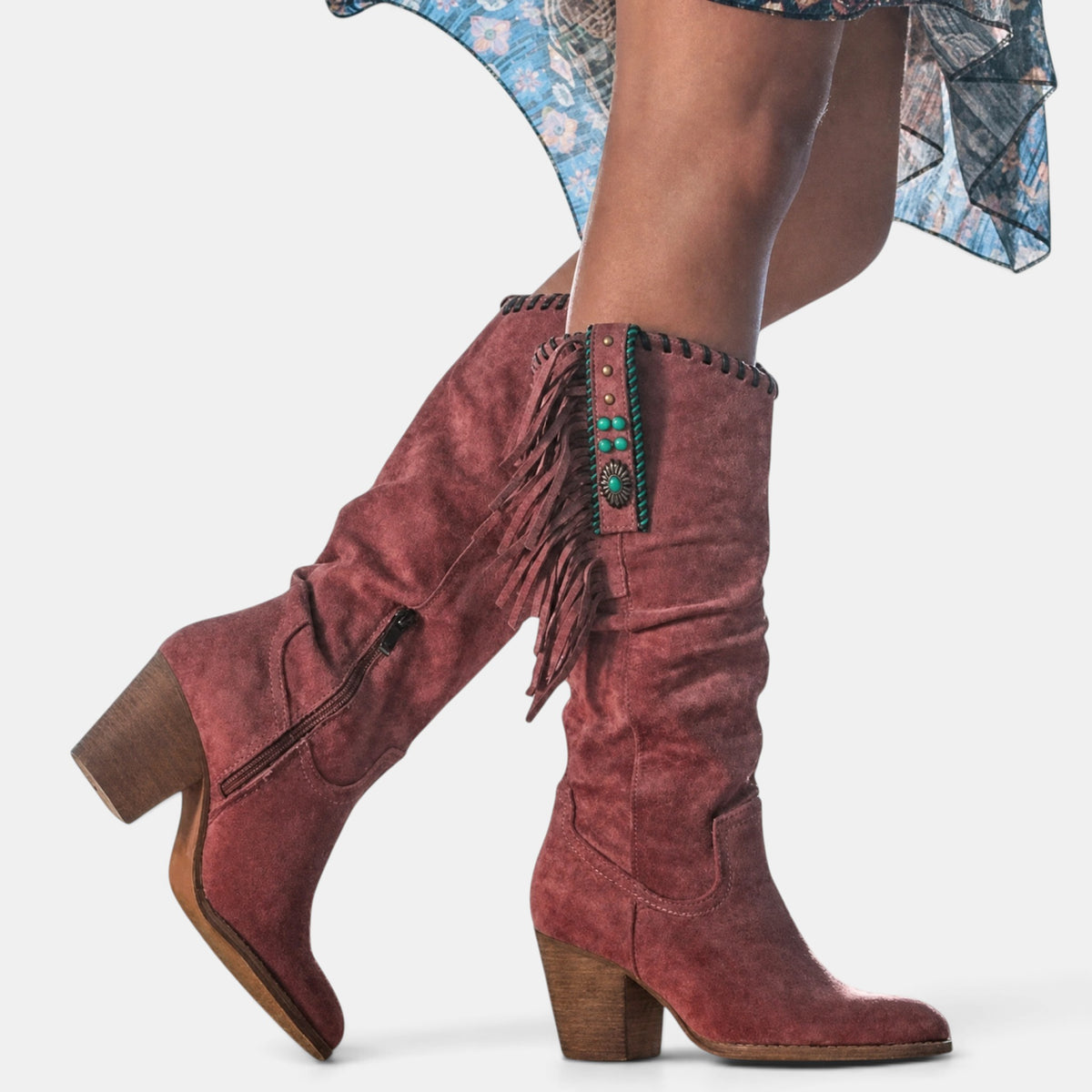 Women's Boots with Mid Calf Shaft and Fringe Detail