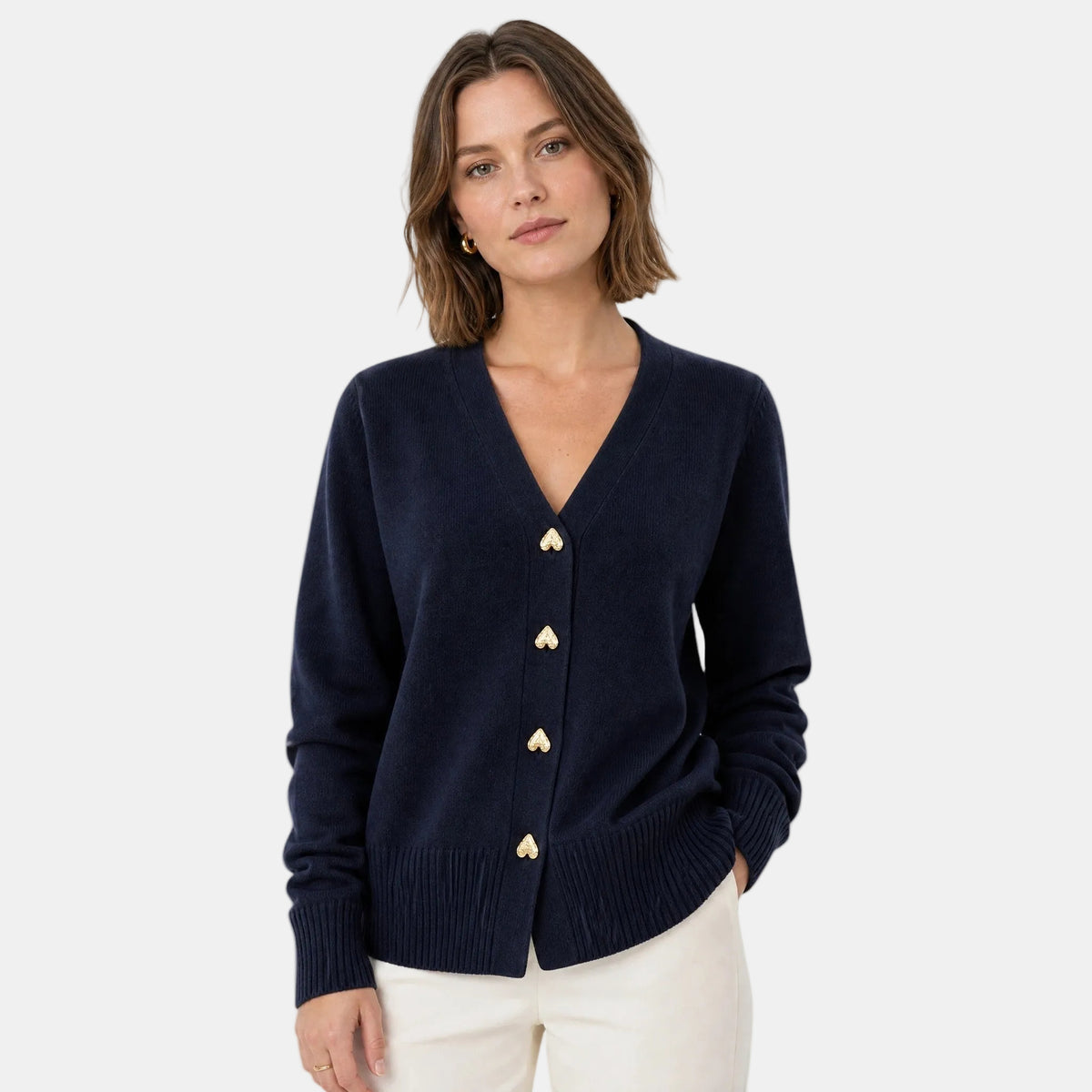 Women's Cardigan with V Neck, Button Front and Ribbed Cuffs