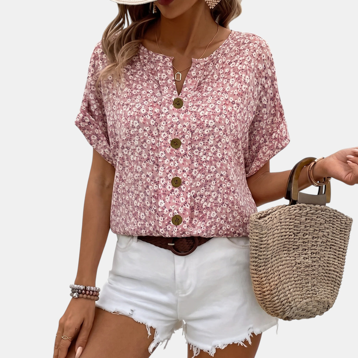 Women's Casual Floral Top with Button Detail