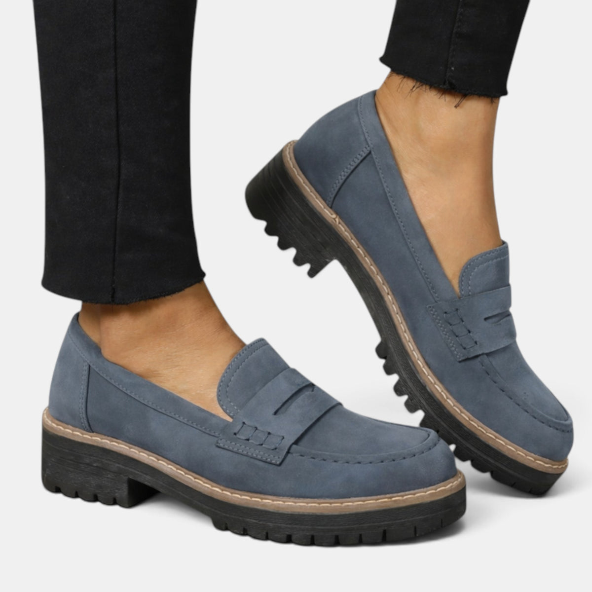 Women's Chunky Sole Penny Loafers with Contrast Stitch and Lug Sole