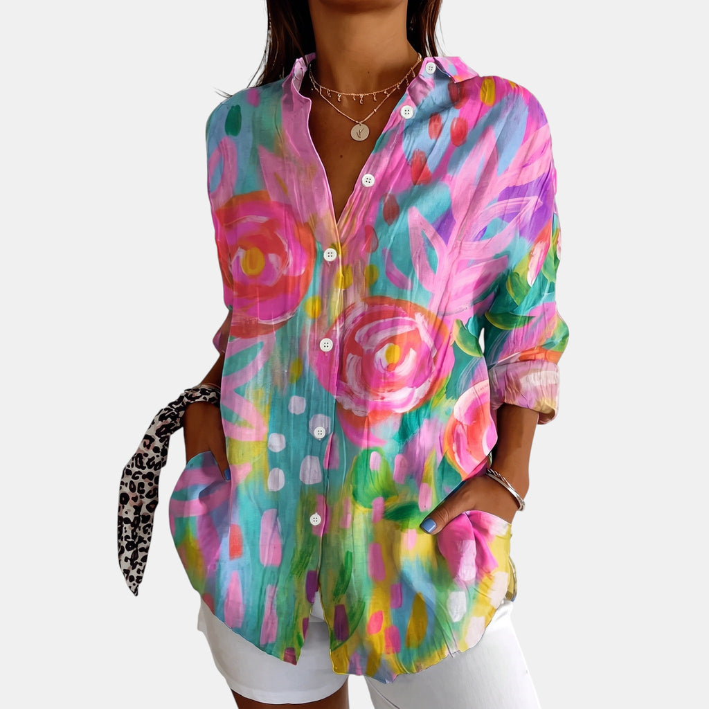 Women's Colourful Print Blouse Lightweight Button Shirt