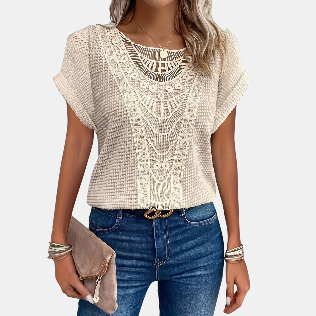 Women's Crochet Detail Short Sleeve Blouse