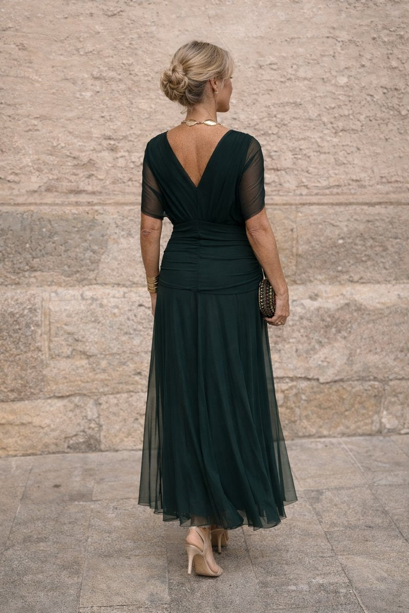 Elegáns, V-kivágású sifon maxiruha nőknek koktélpartikra