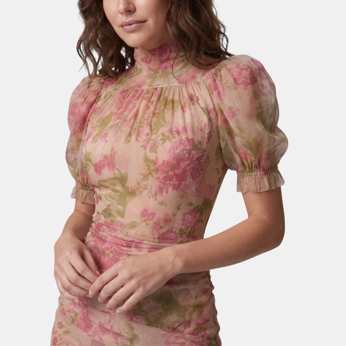 Robe longue fleurie pour femme, à col montant et manches bouffantes