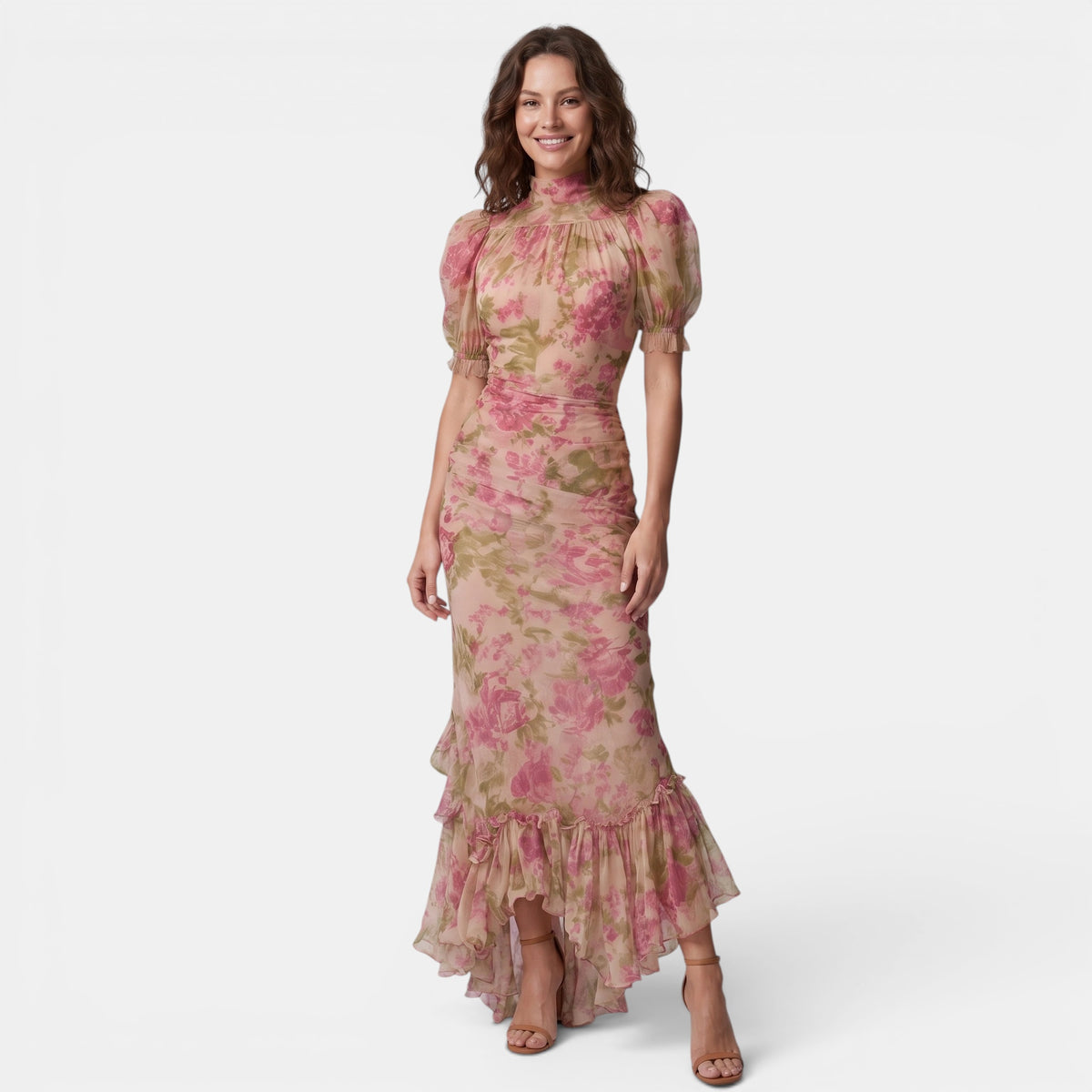 Robe longue fleurie pour femme, à col montant et manches bouffantes