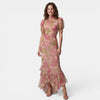 Robe longue fleurie pour femme, à col montant et manches bouffantes
