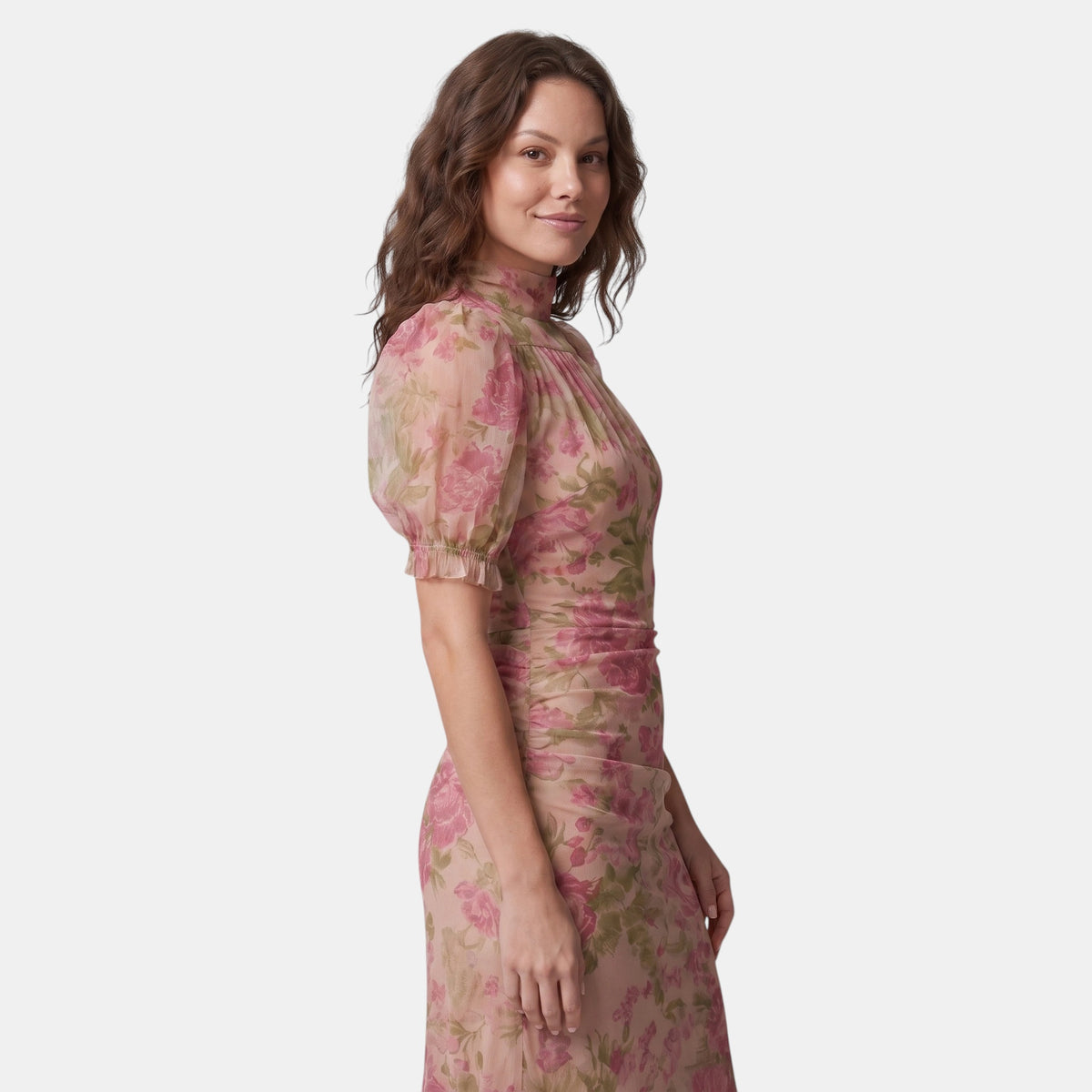 Robe longue fleurie pour femme, à col montant et manches bouffantes