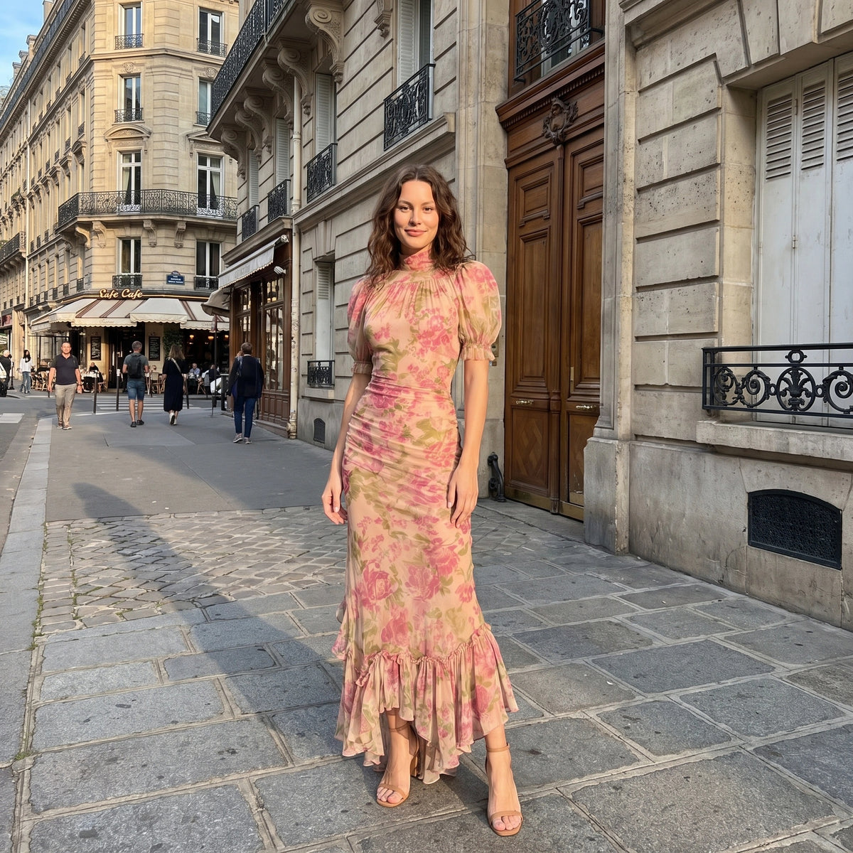 Robe longue fleurie pour femme, à col montant et manches bouffantes