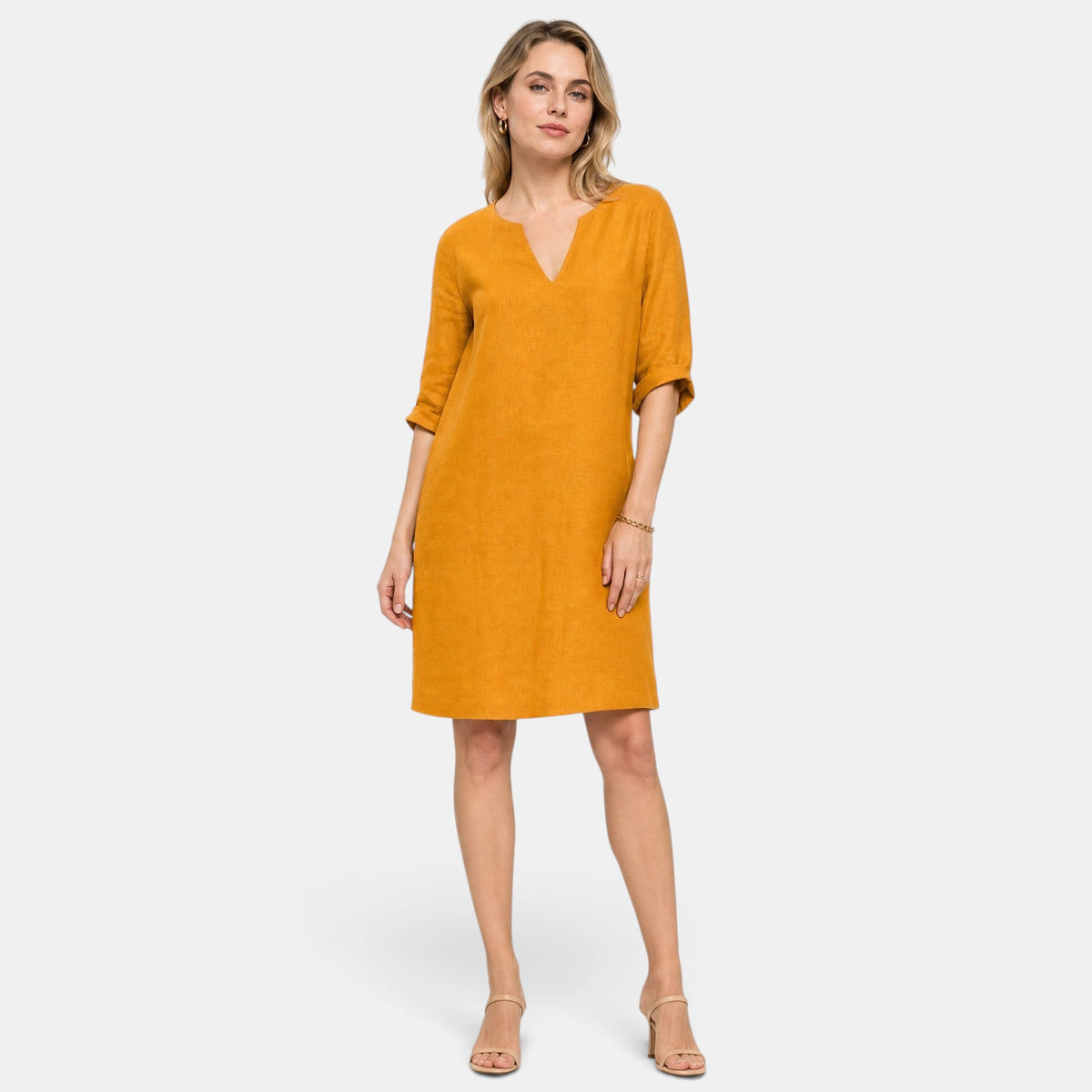 Robe pour femme longueur genou, col en V et manches trois quarts