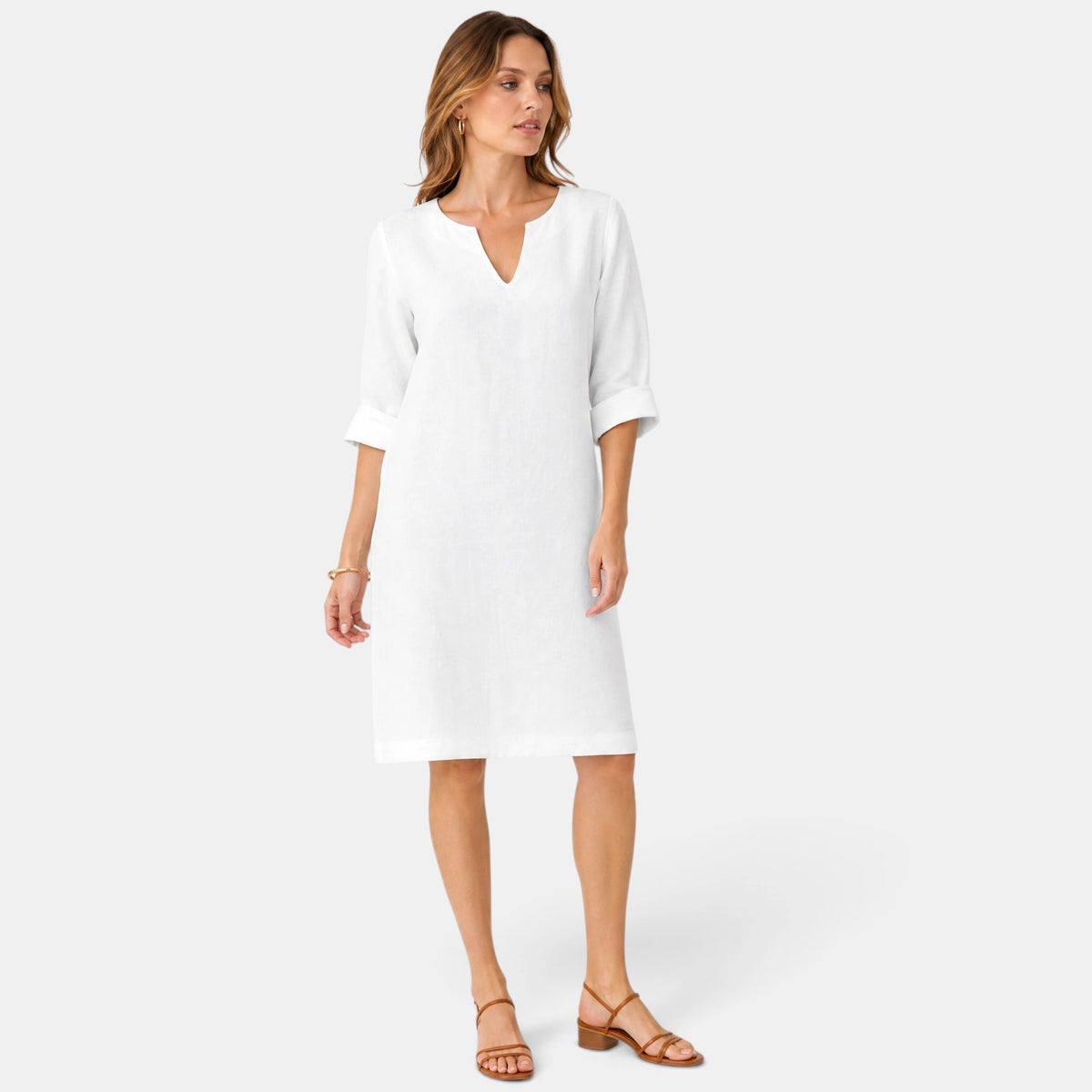 Robe pour femme longueur genou, col en V et manches trois quarts