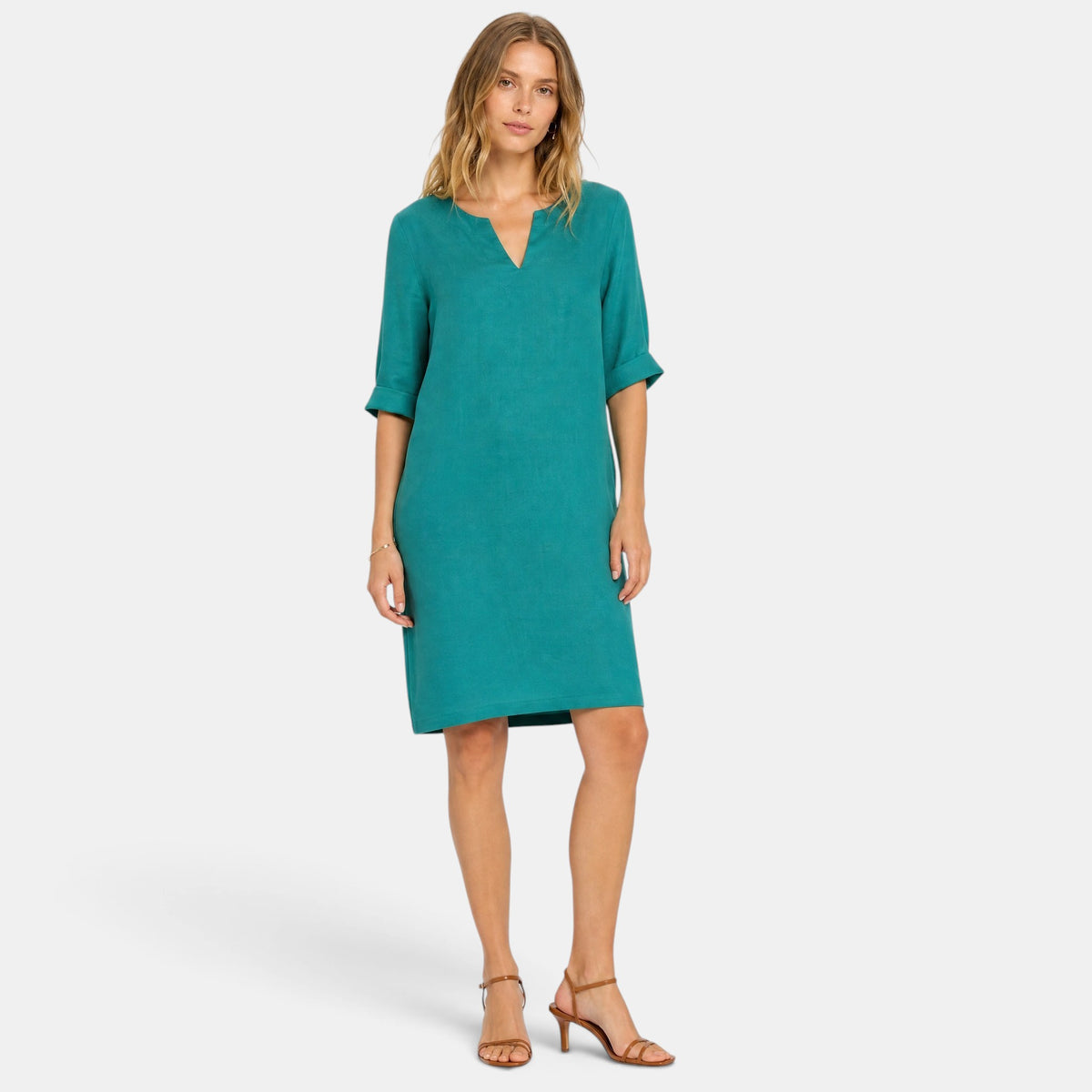 Robe pour femme longueur genou, col en V et manches trois quarts