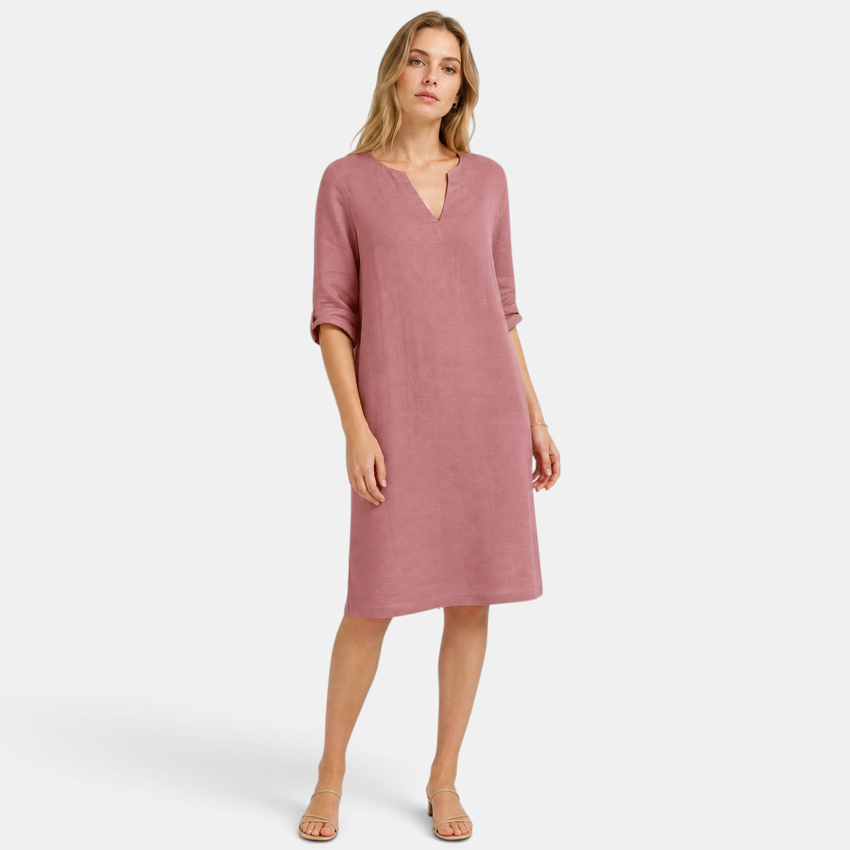 Robe pour femme longueur genou, col en V et manches trois quarts