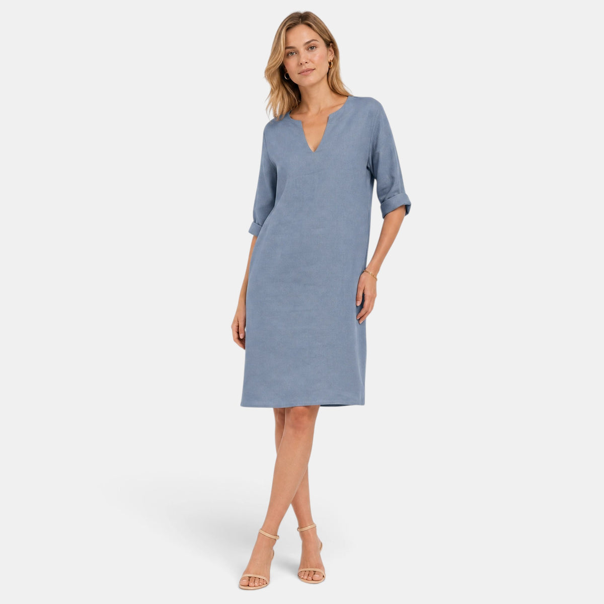 Robe pour femme longueur genou, col en V et manches trois quarts