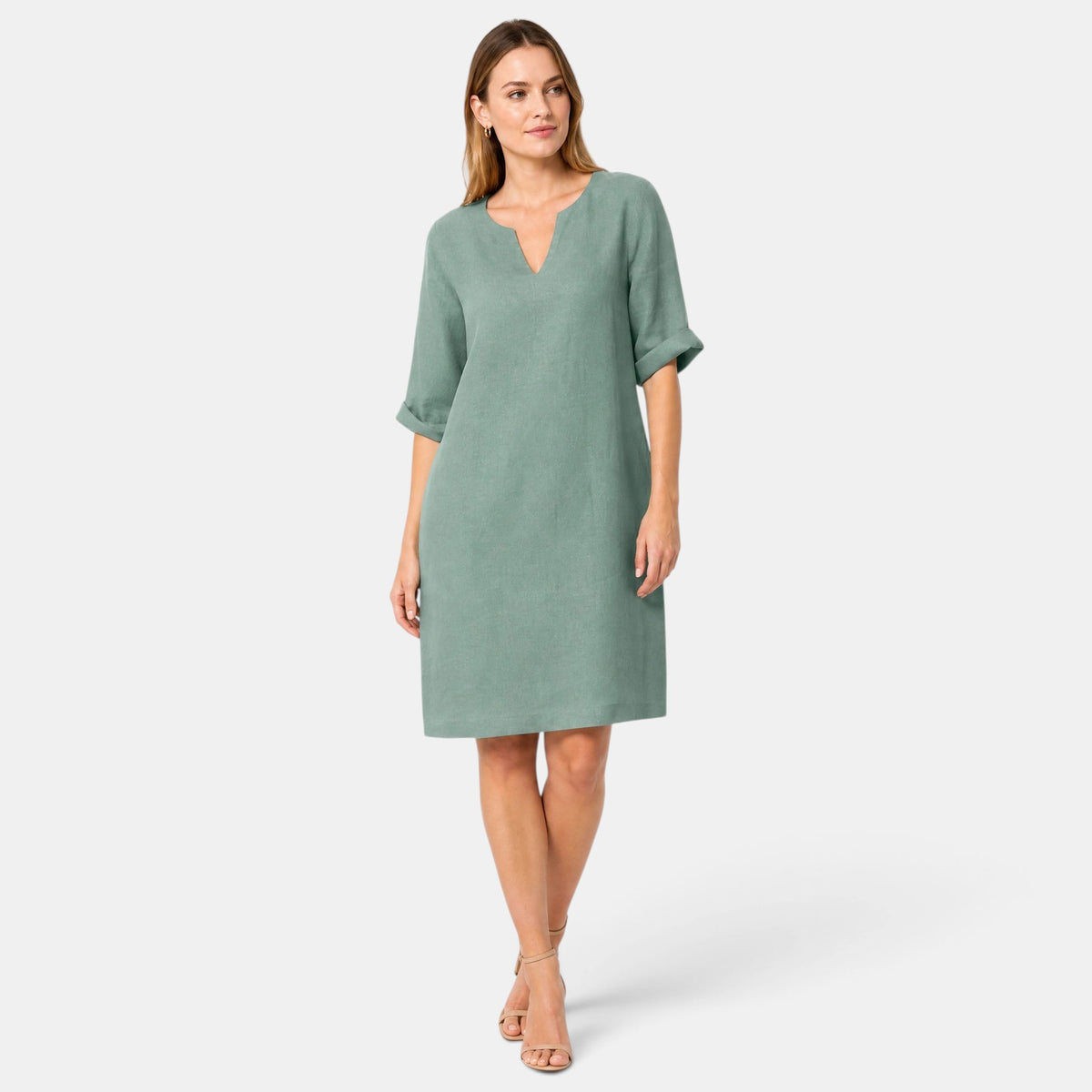 Robe pour femme longueur genou, col en V et manches trois quarts