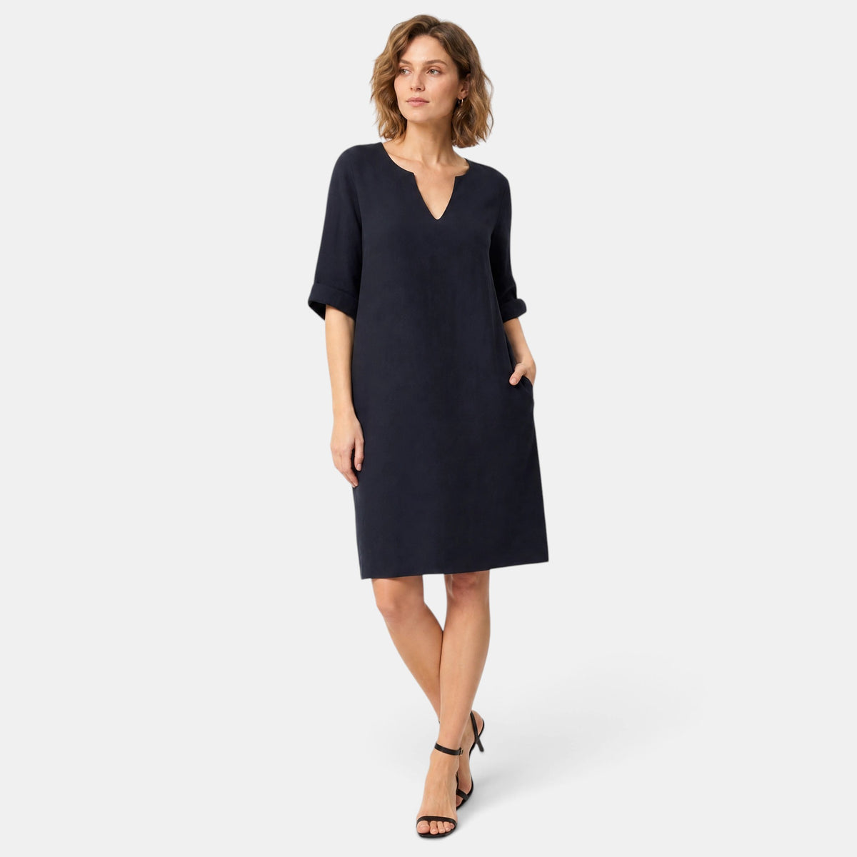 Robe pour femme longueur genou, col en V et manches trois quarts