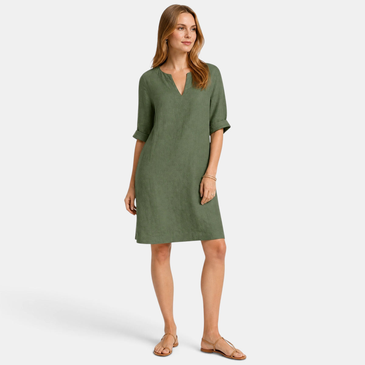 Robe pour femme longueur genou, col en V et manches trois quarts