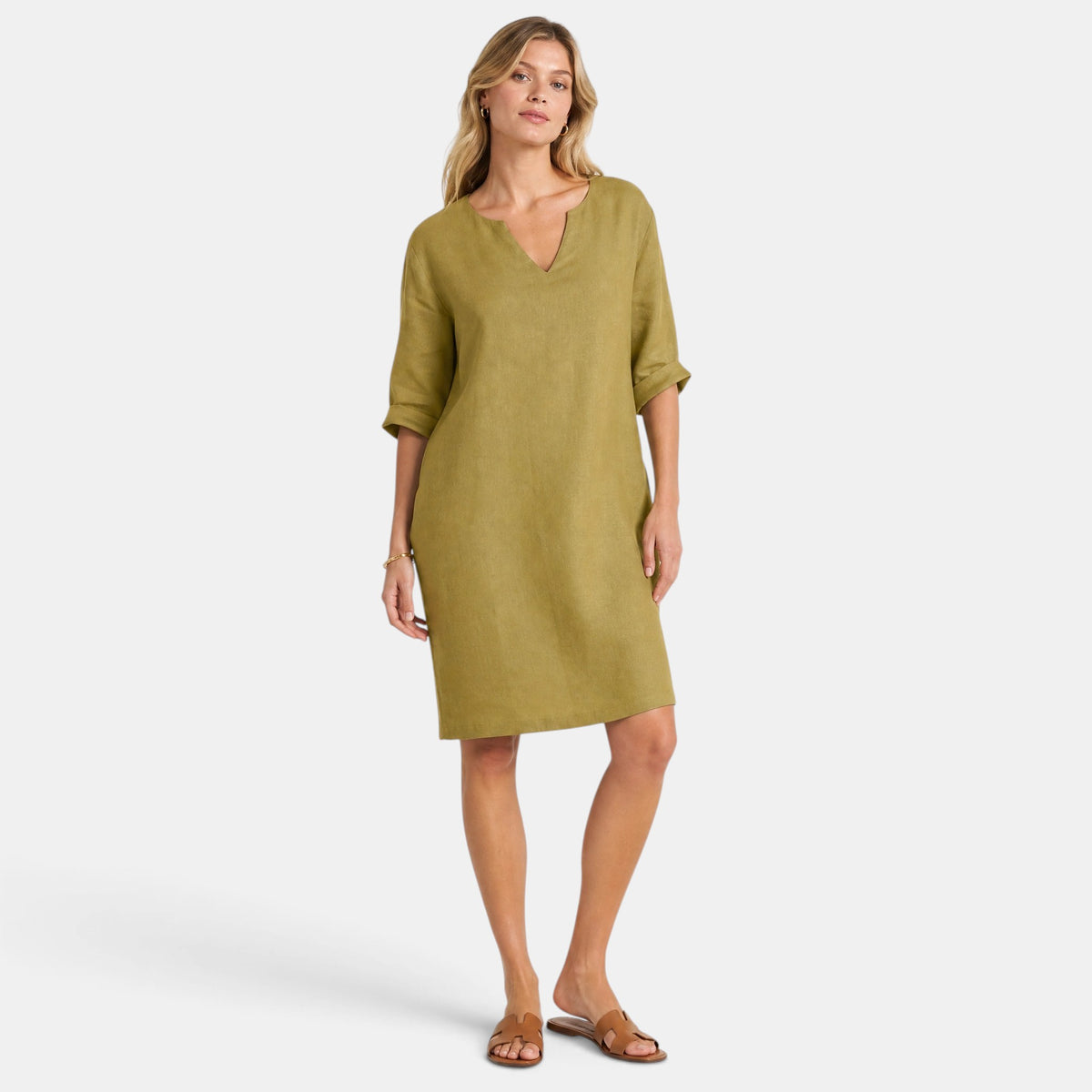 Robe pour femme longueur genou, col en V et manches trois quarts