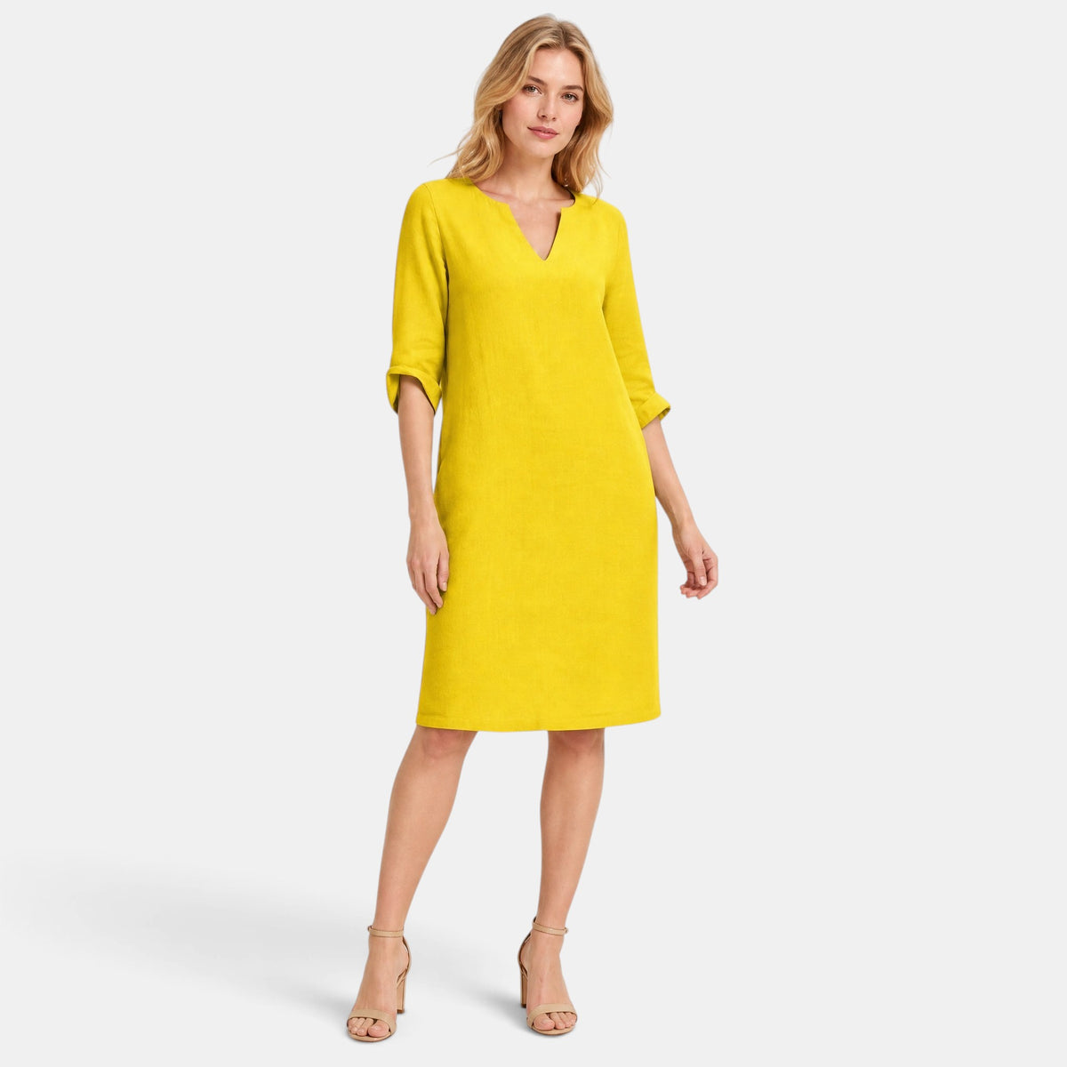 Robe pour femme longueur genou, col en V et manches trois quarts