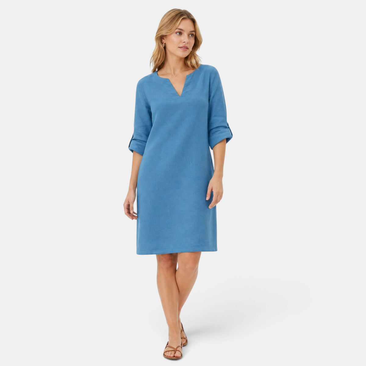 Robe pour femme longueur genou, col en V et manches trois quarts