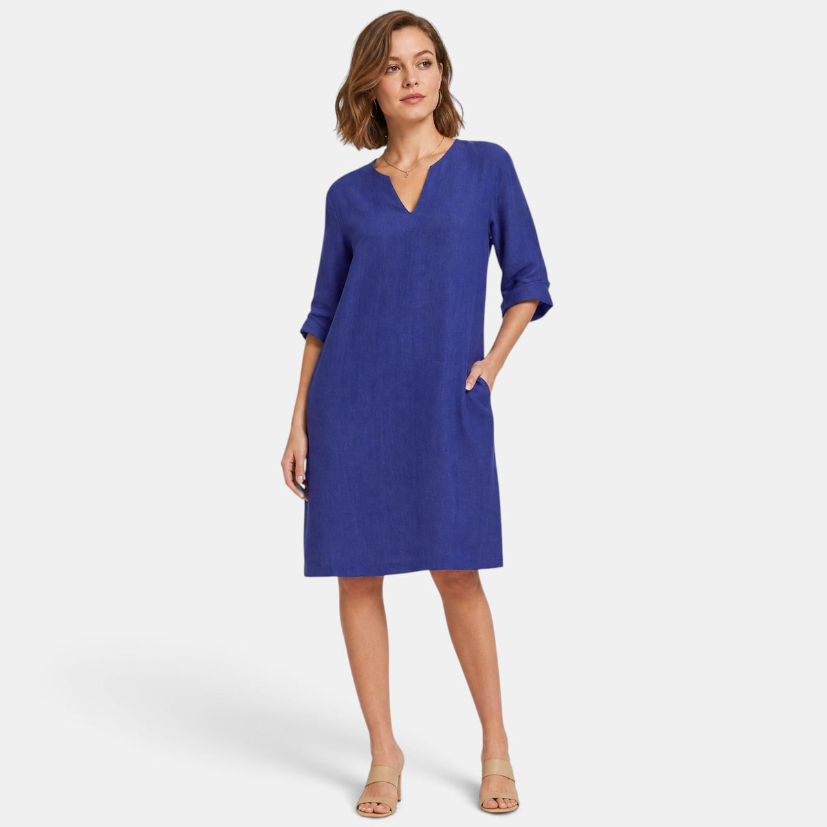 Robe pour femme longueur genou, col en V et manches trois quarts