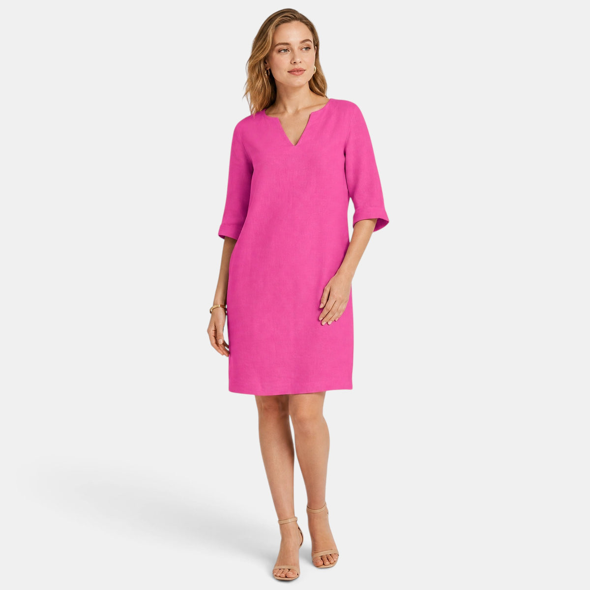 Robe pour femme longueur genou, col en V et manches trois quarts