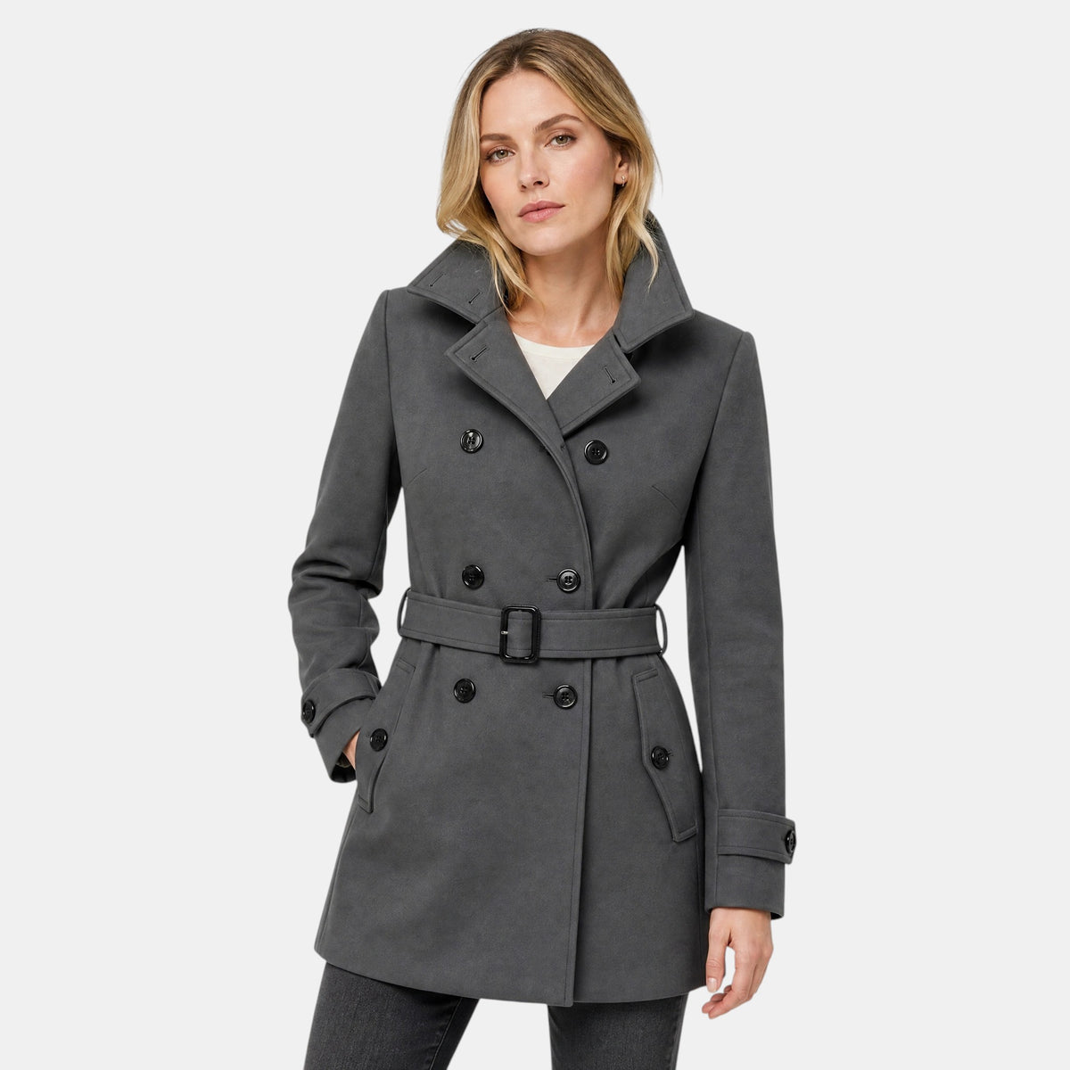 Manteau long pour femme à col montant, boutonnage sur le devant et taille ceinturée
