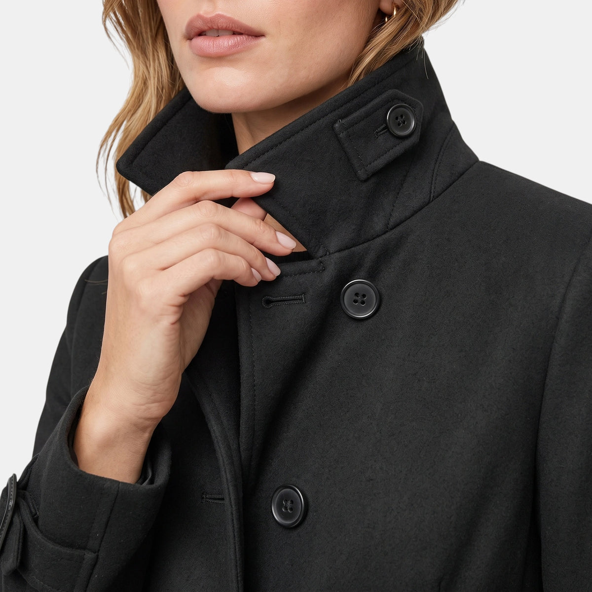 Manteau long pour femme à col montant, boutonnage sur le devant et taille ceinturée