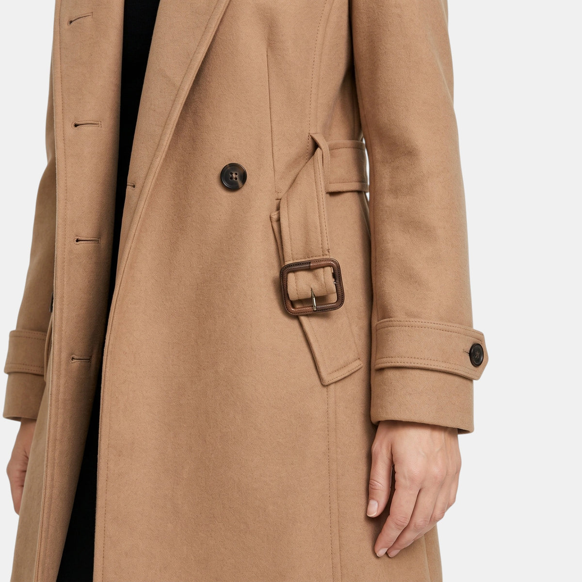 Manteau long pour femme à col montant, boutonnage sur le devant et taille ceinturée