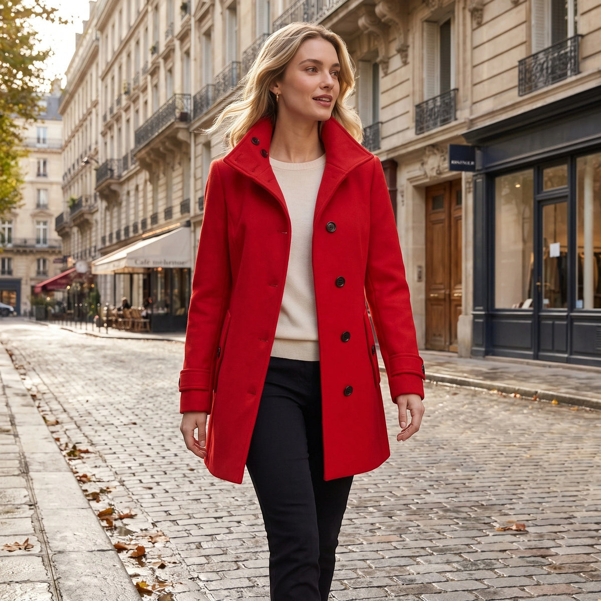 Manteau long pour femme à col montant, boutonnage sur le devant et taille ceinturée
