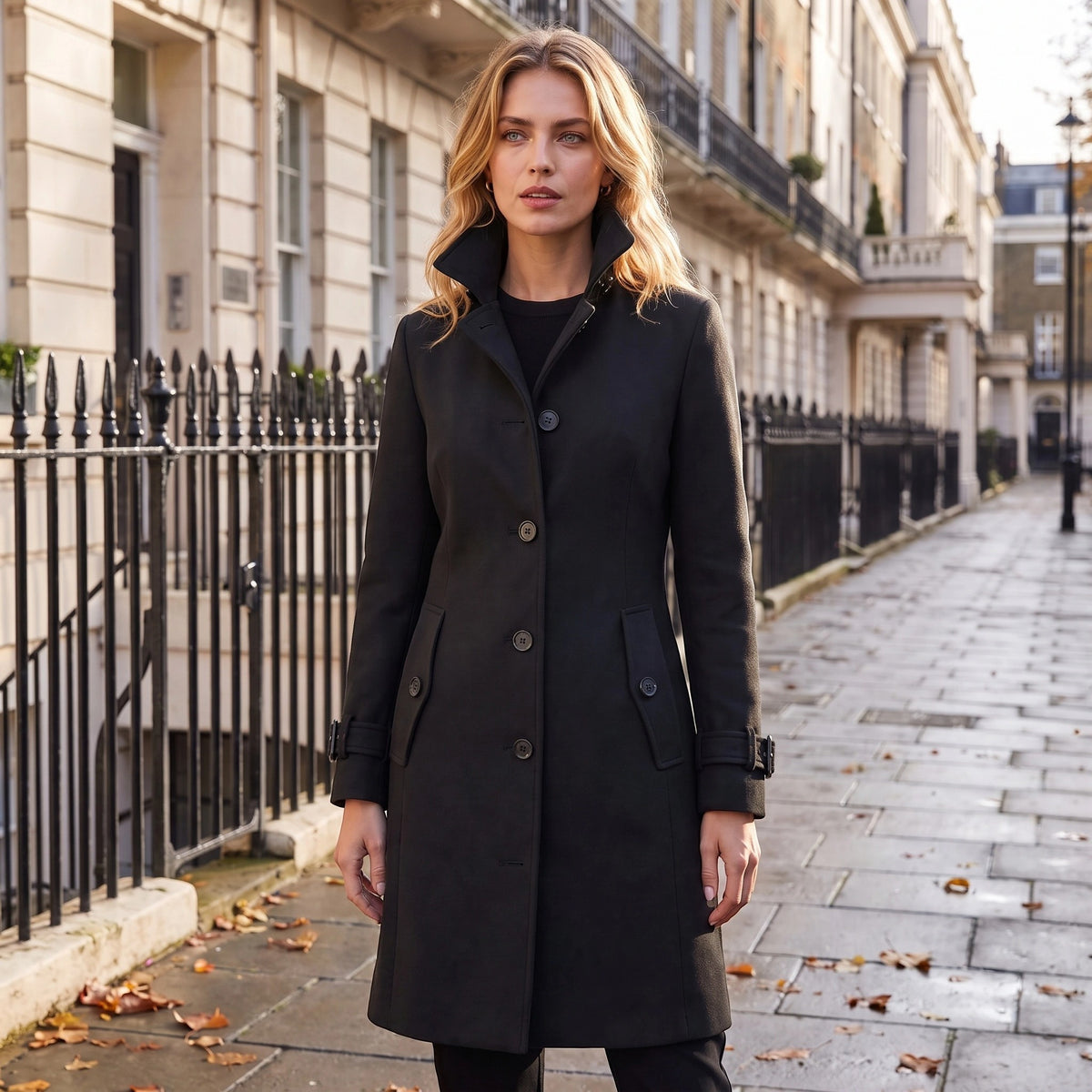 Manteau long pour femme à col montant, boutonnage sur le devant et taille ceinturée