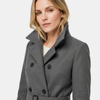 Manteau long pour femme à col montant, boutonnage sur le devant et taille ceinturée
