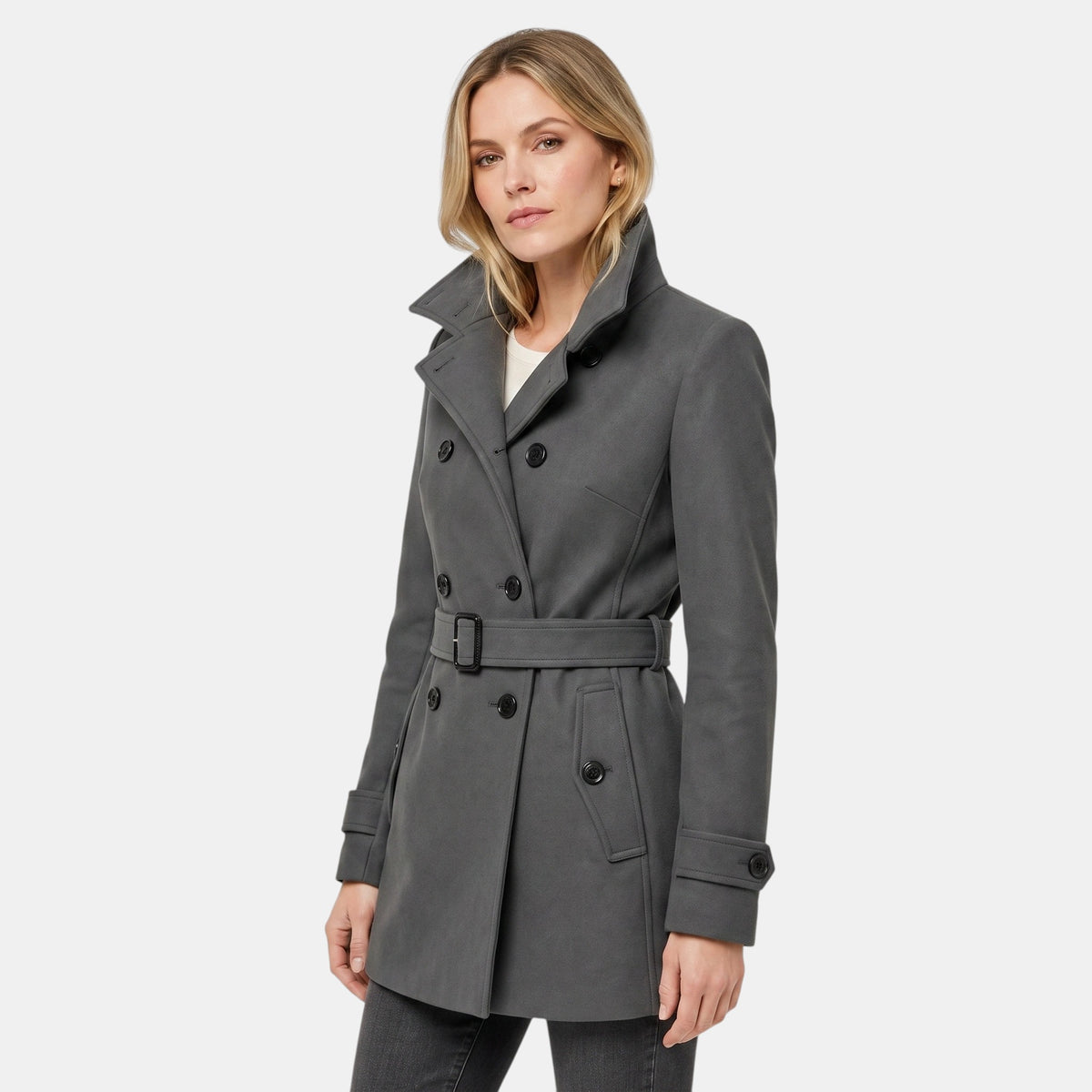Manteau long pour femme à col montant, boutonnage sur le devant et taille ceinturée
