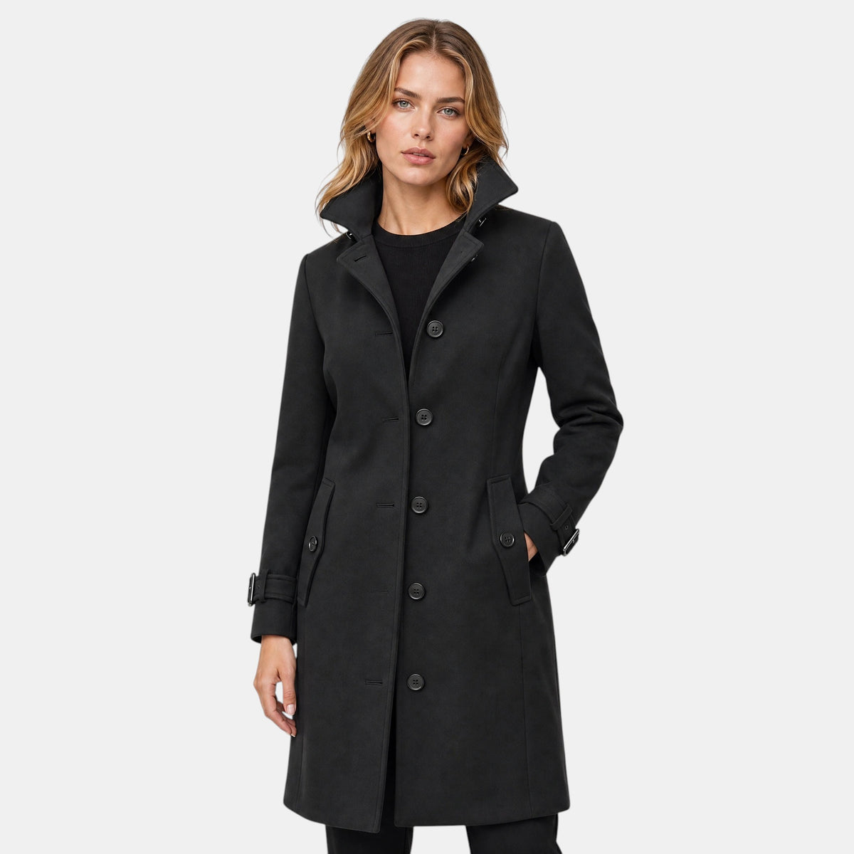 Manteau long pour femme à col montant, boutonnage sur le devant et taille ceinturée