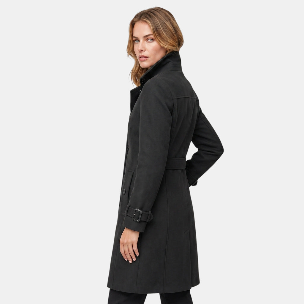 Manteau long pour femme à col montant, boutonnage sur le devant et taille ceinturée
