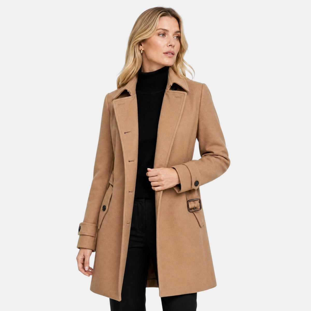 Manteau long pour femme à col montant, boutonnage sur le devant et taille ceinturée