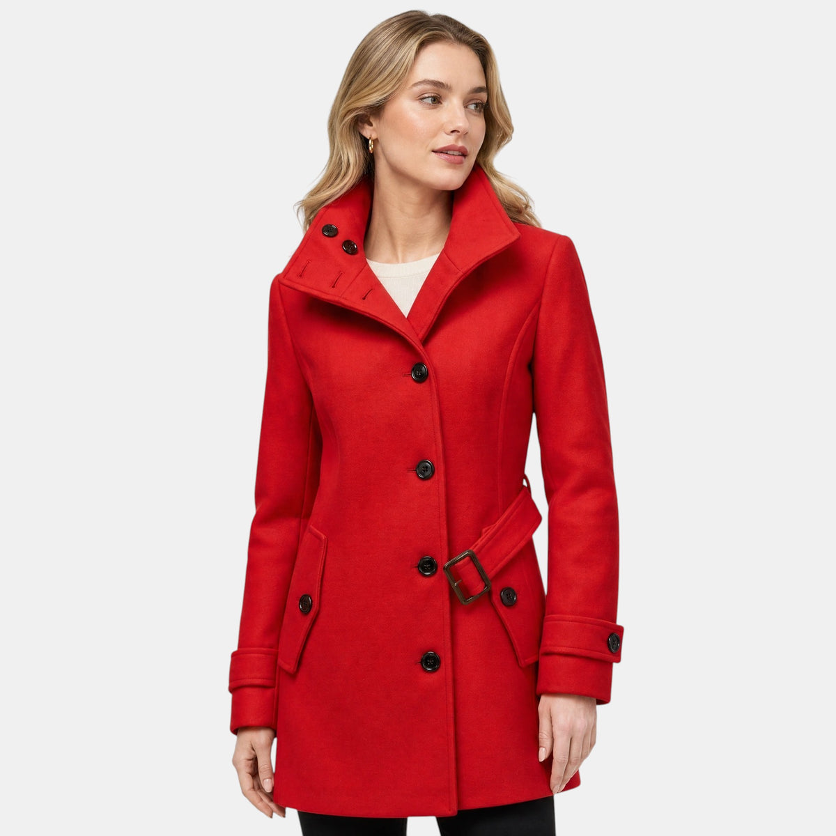 Manteau long pour femme à col montant, boutonnage sur le devant et taille ceinturée