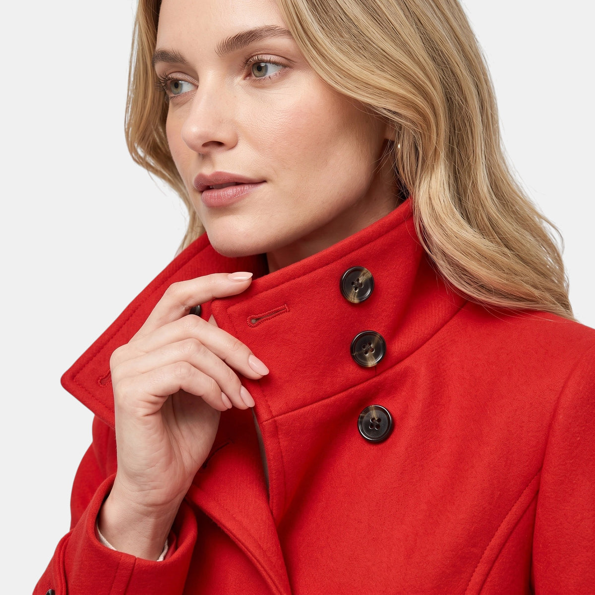 Manteau long pour femme à col montant, boutonnage sur le devant et taille ceinturée