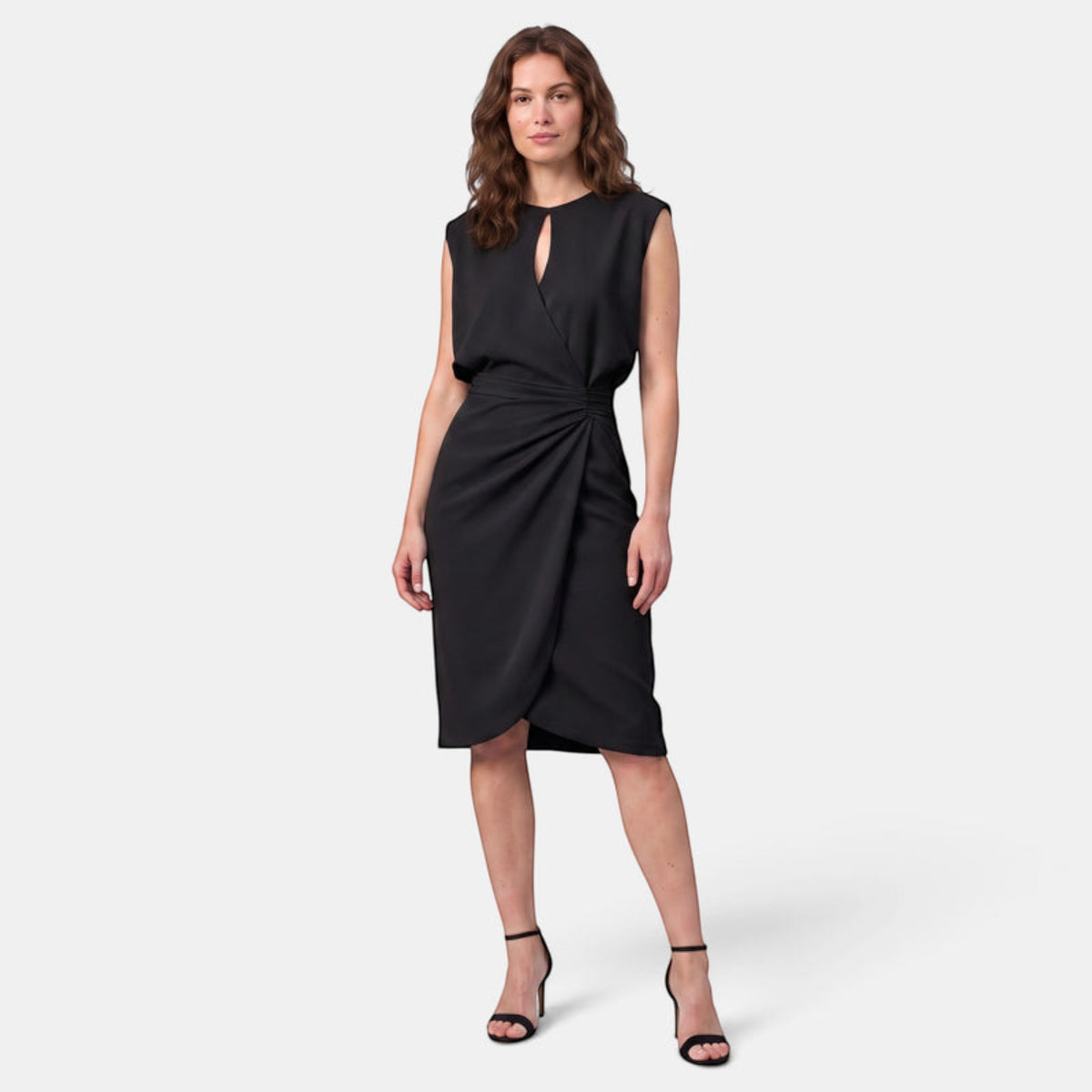 Robe midi pour femmes, sans manches, taille drapée, robe élégante
