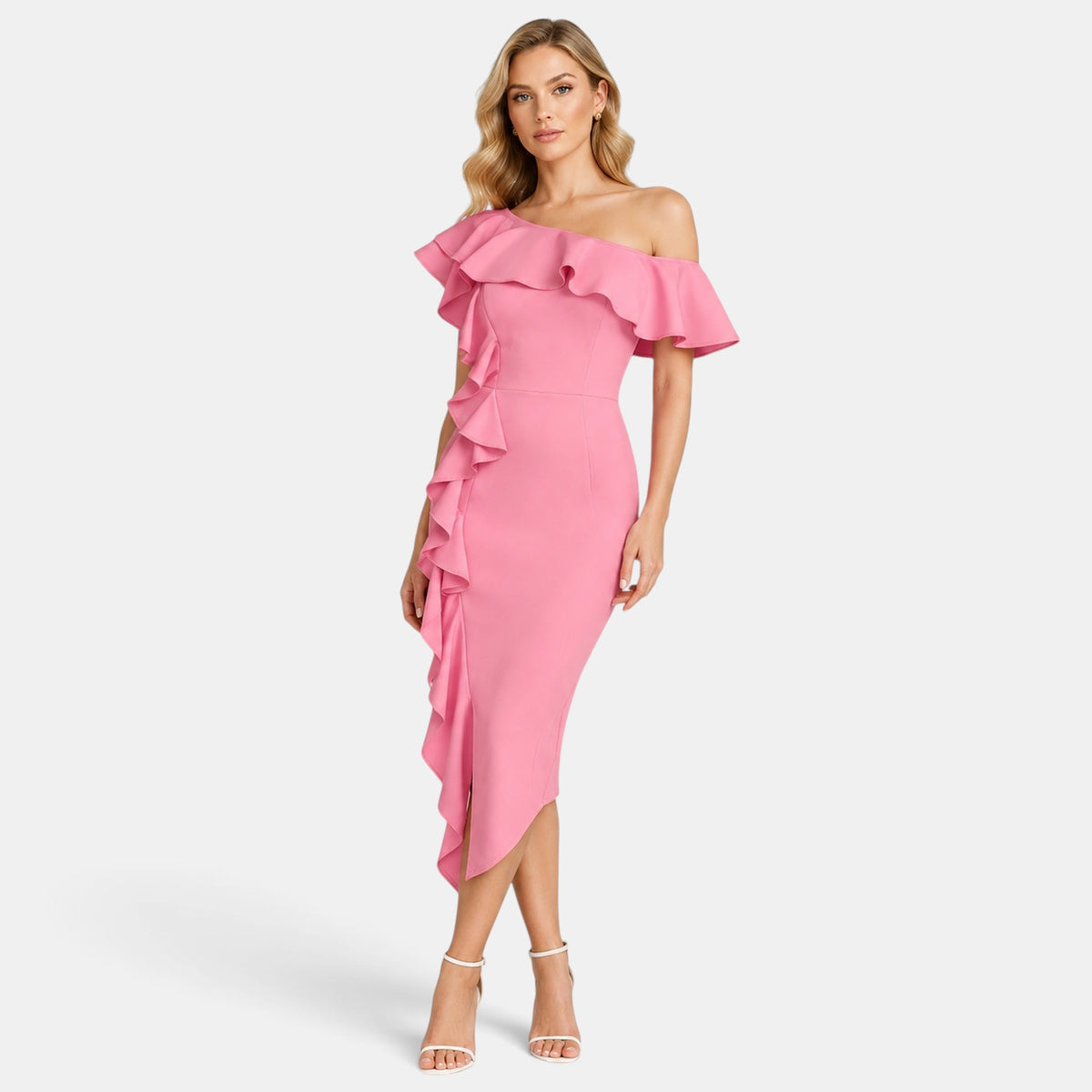 Robe midi pour femme à une épaule avec détail volanté asymétrique
