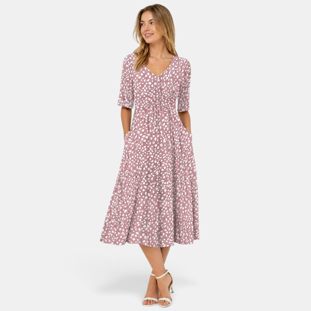 Robe midi pour femme avec col en V et manches courtes