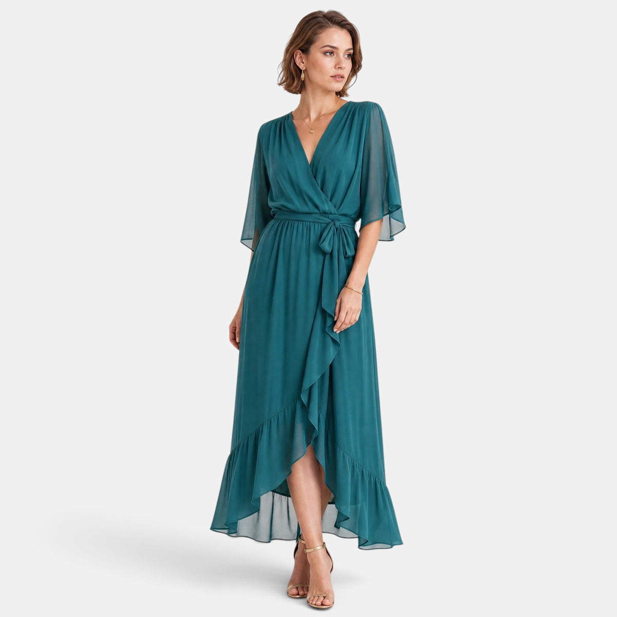 Robe midi pour femme avec encolure en V et taille à nouer