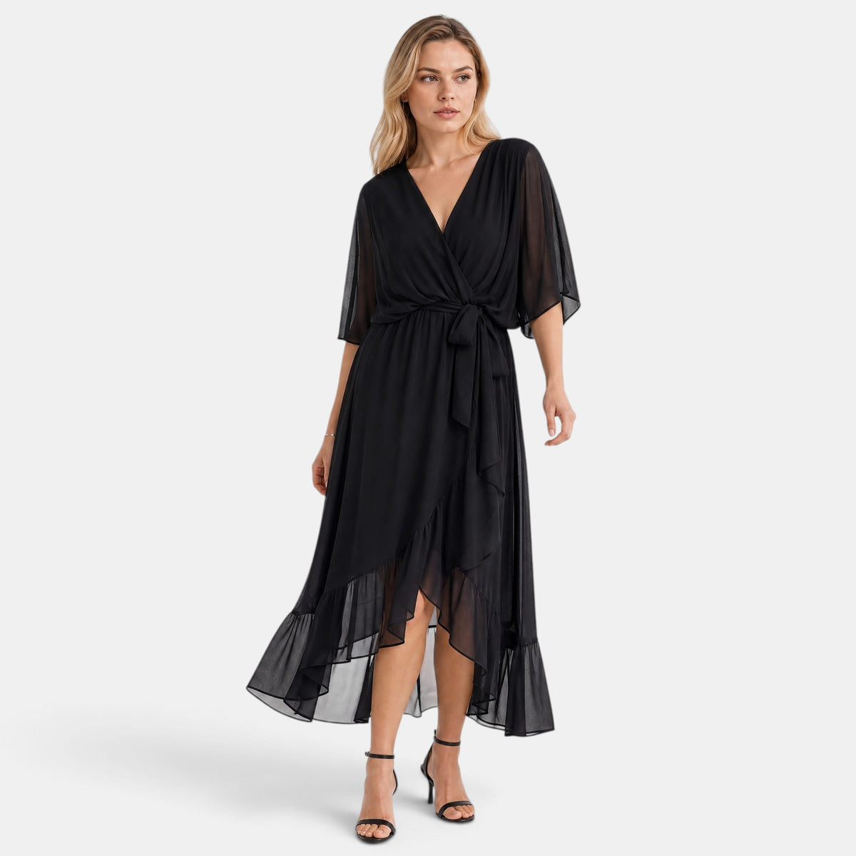 Robe midi pour femme avec encolure en V et taille à nouer