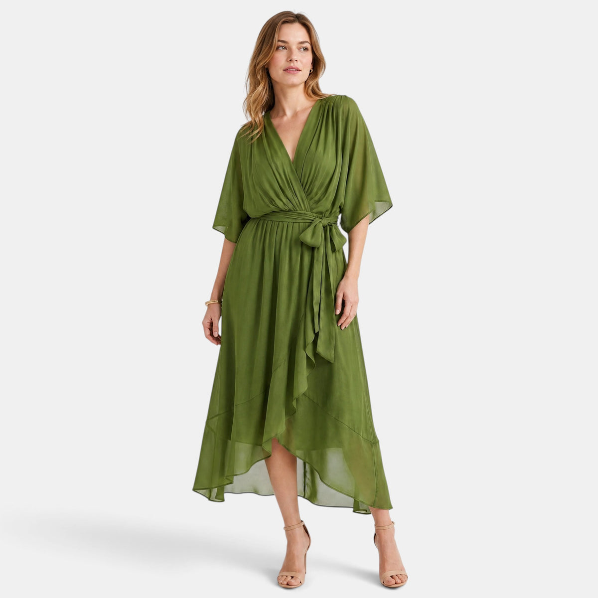 Robe midi pour femme avec encolure en V et taille à nouer