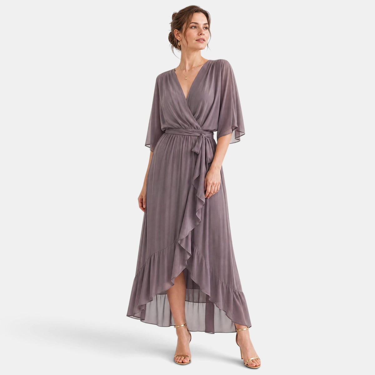 Robe midi pour femme avec encolure en V et taille à nouer